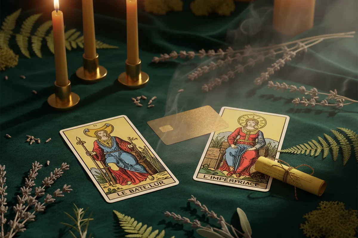 Tarjeta y teléfono móvil junto a cartas — métodos de pago tarot Visa y 806
