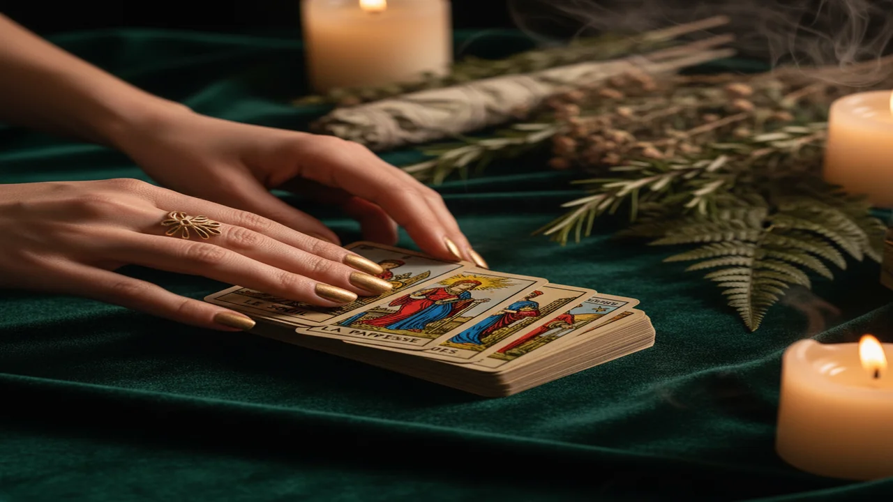 Manos barajando cartas de tarot Marsella sobre paño verde